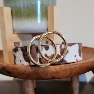 Brown and White Animal Print Belt with Gold Buckle